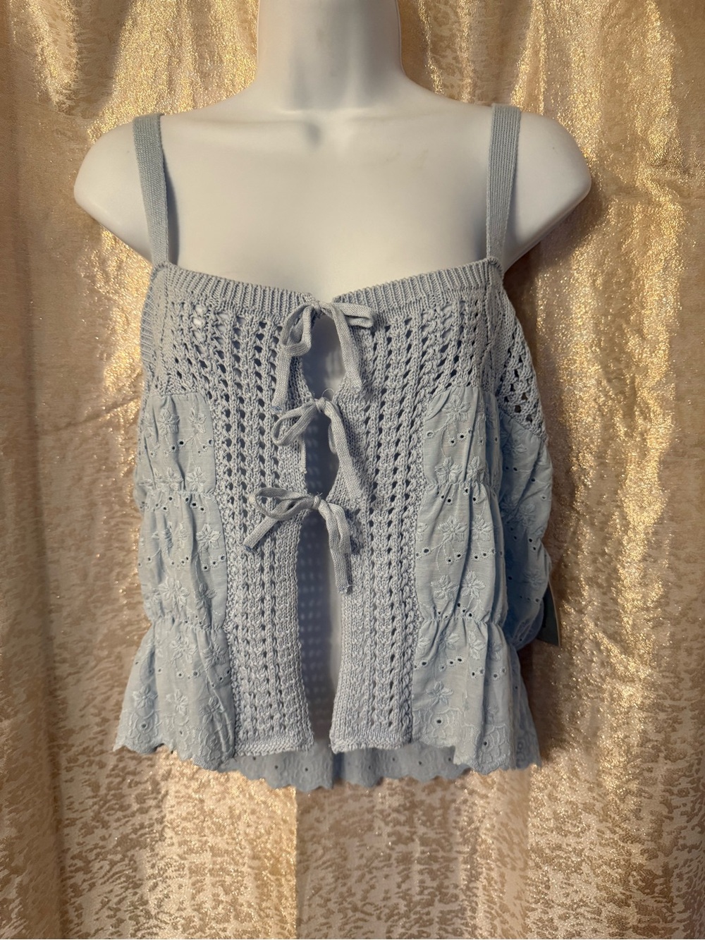 Derek Heart Light Blue Eyelet Knit Tie-Front Camisole